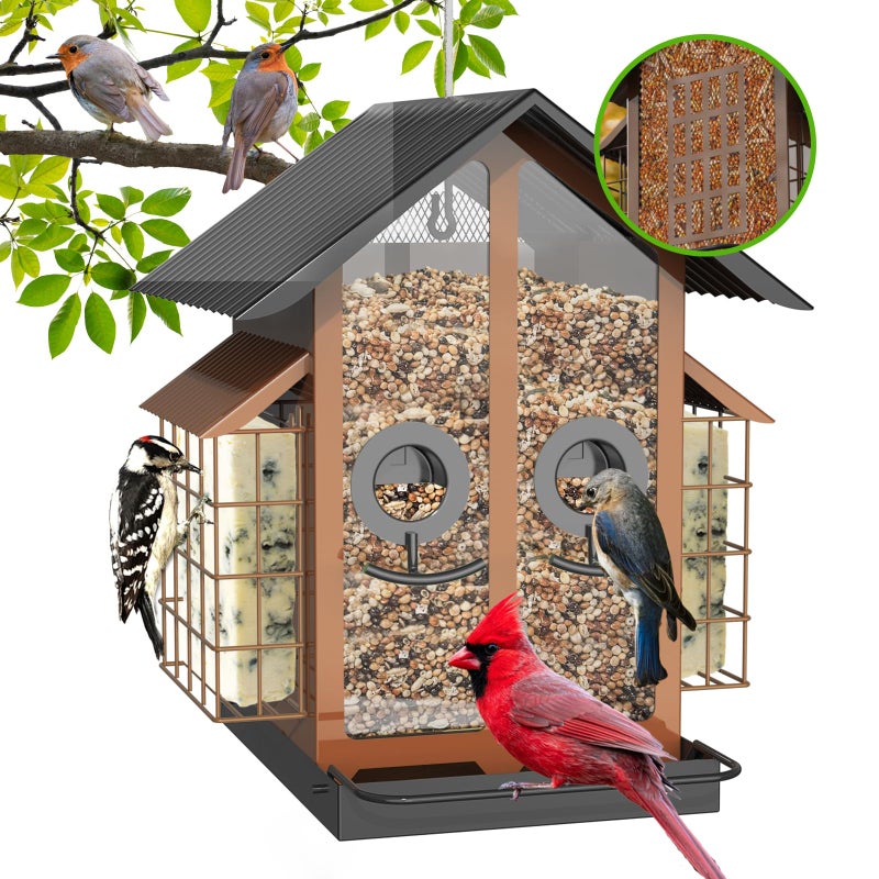FlowaFoli Bird Feeders for Outdoors  Metal Bird Feeder with Double Suet Cage Weatherproof Metal Roof  2 in 1 Mixed Seeds Suet Feeder  4Lbs Large Capacity  Great for Finch?Cardinal?Chickadee(Brown) - Image 1